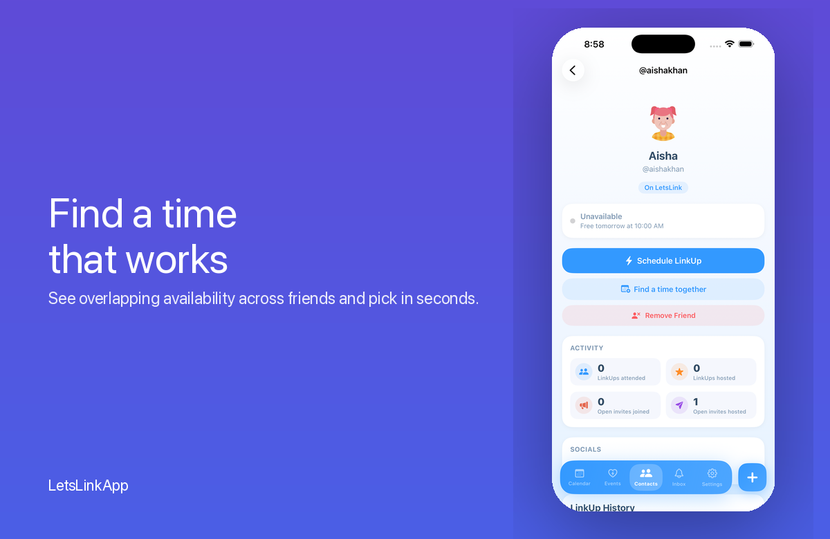 Find a time that works — overlapping availability across friends